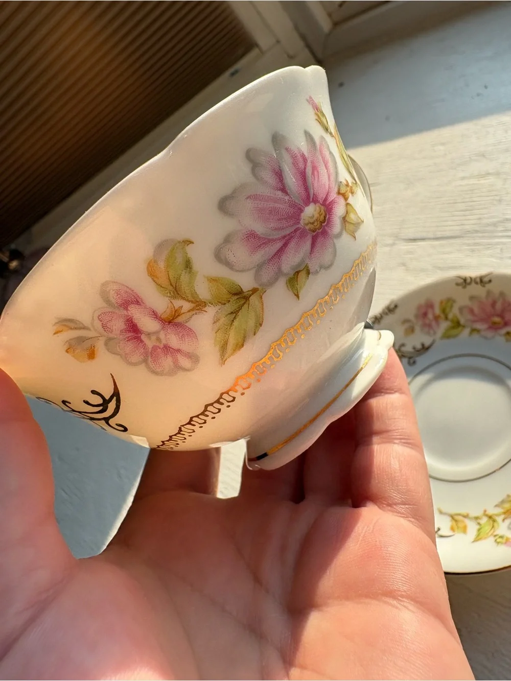Vintage Floral Porcelain Teacup and Saucer - Pink